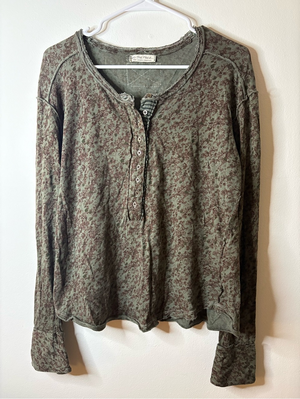 We The Free Olive Green Floral Henley Long Sleeve Top